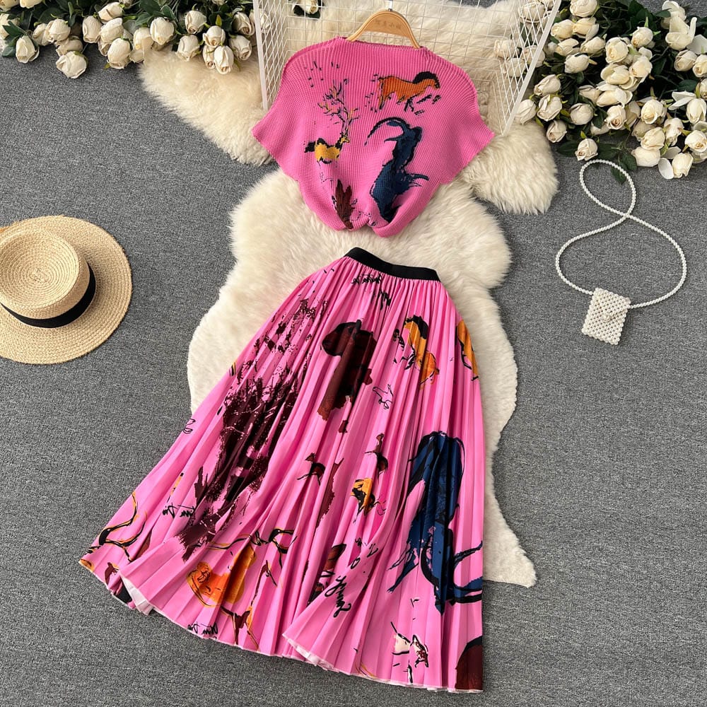 Spring and summer fashion printing suit women's hook flower loose short sleeve top and high waist pleated skirt two-piece set