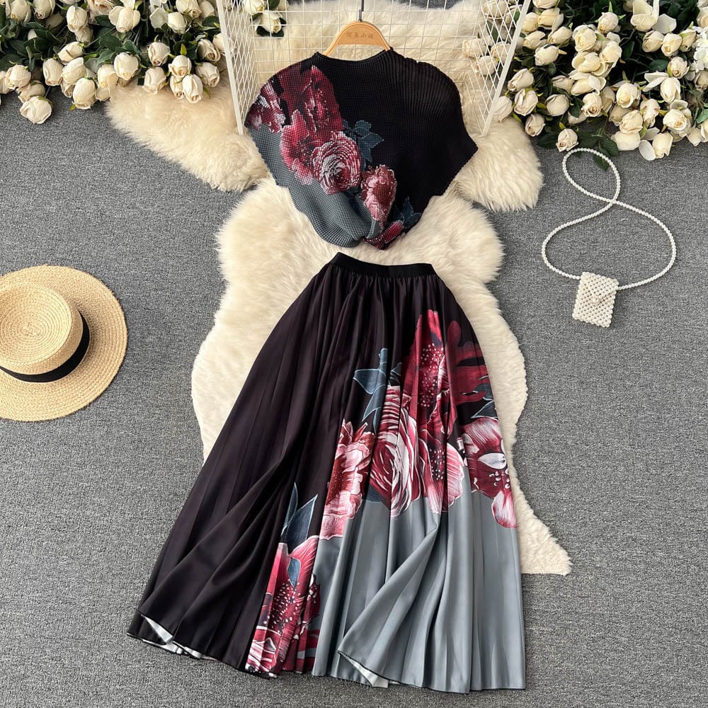 Spring and summer fashion printing suit women's hook flower loose short sleeve top and high waist pleated skirt two-piece set