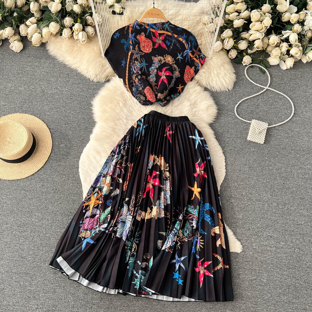 Spring and summer fashion printing suit women's hook flower loose short sleeve top and high waist pleated skirt two-piece set