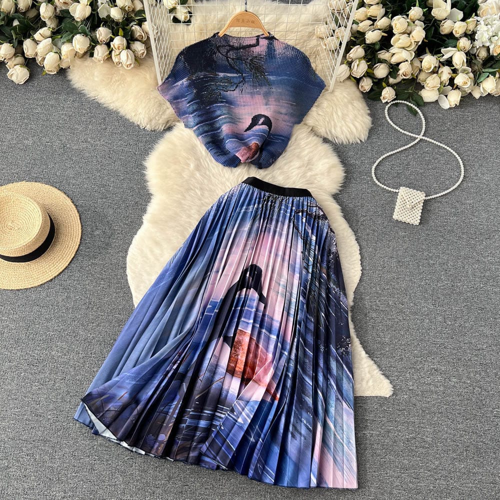 Spring and summer fashion printing suit women's hook flower loose short sleeve top and high waist pleated skirt two-piece set