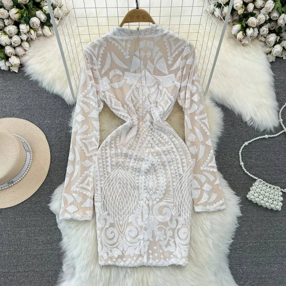 Spring Autumn Fashion Long Sleeve Standing Collar Lace Tight Bodycon Dresses