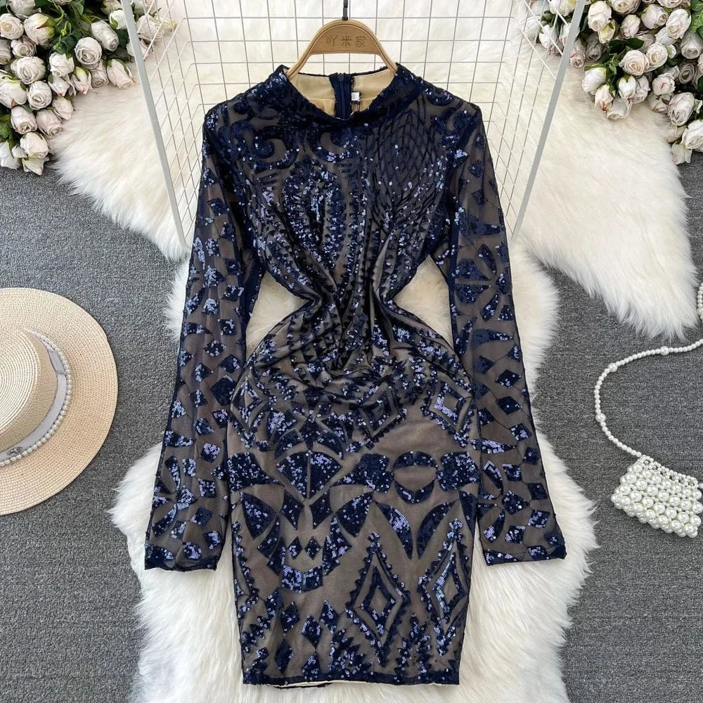 Spring Autumn Fashion Long Sleeve Standing Collar Lace Tight Bodycon Dresses