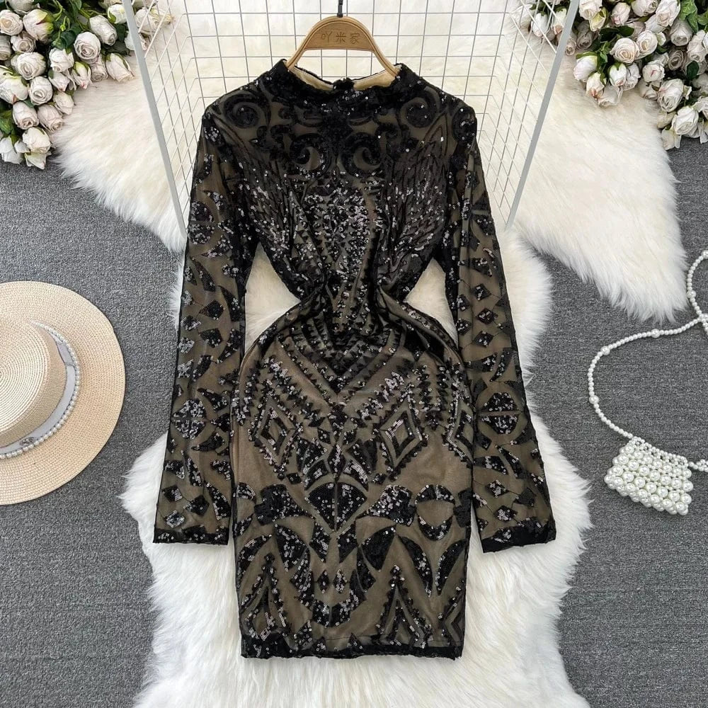 Spring Autumn Fashion Long Sleeve Standing Collar Lace Tight Bodycon Dresses