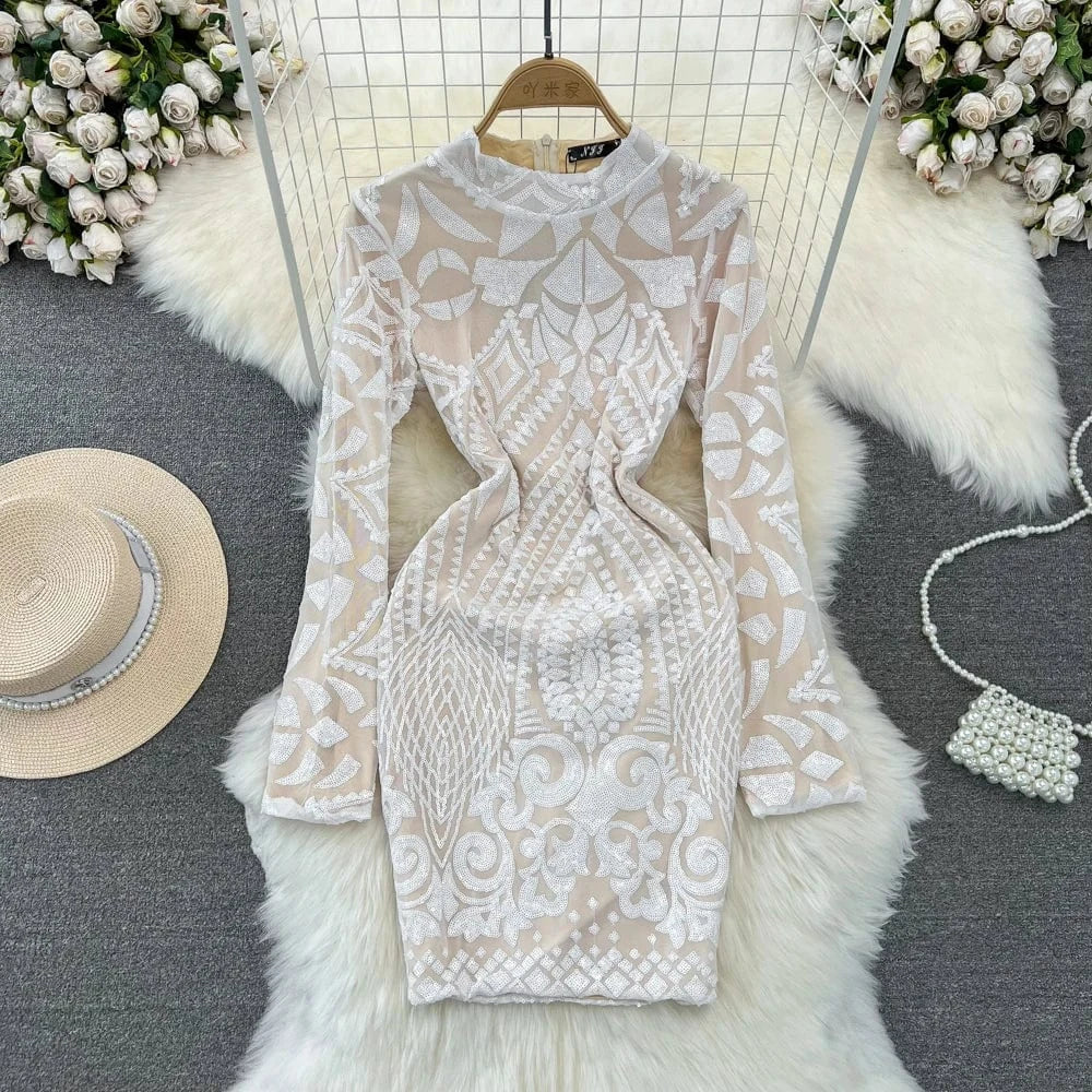 Spring Autumn Fashion Long Sleeve Standing Collar Lace Tight Bodycon Dresses