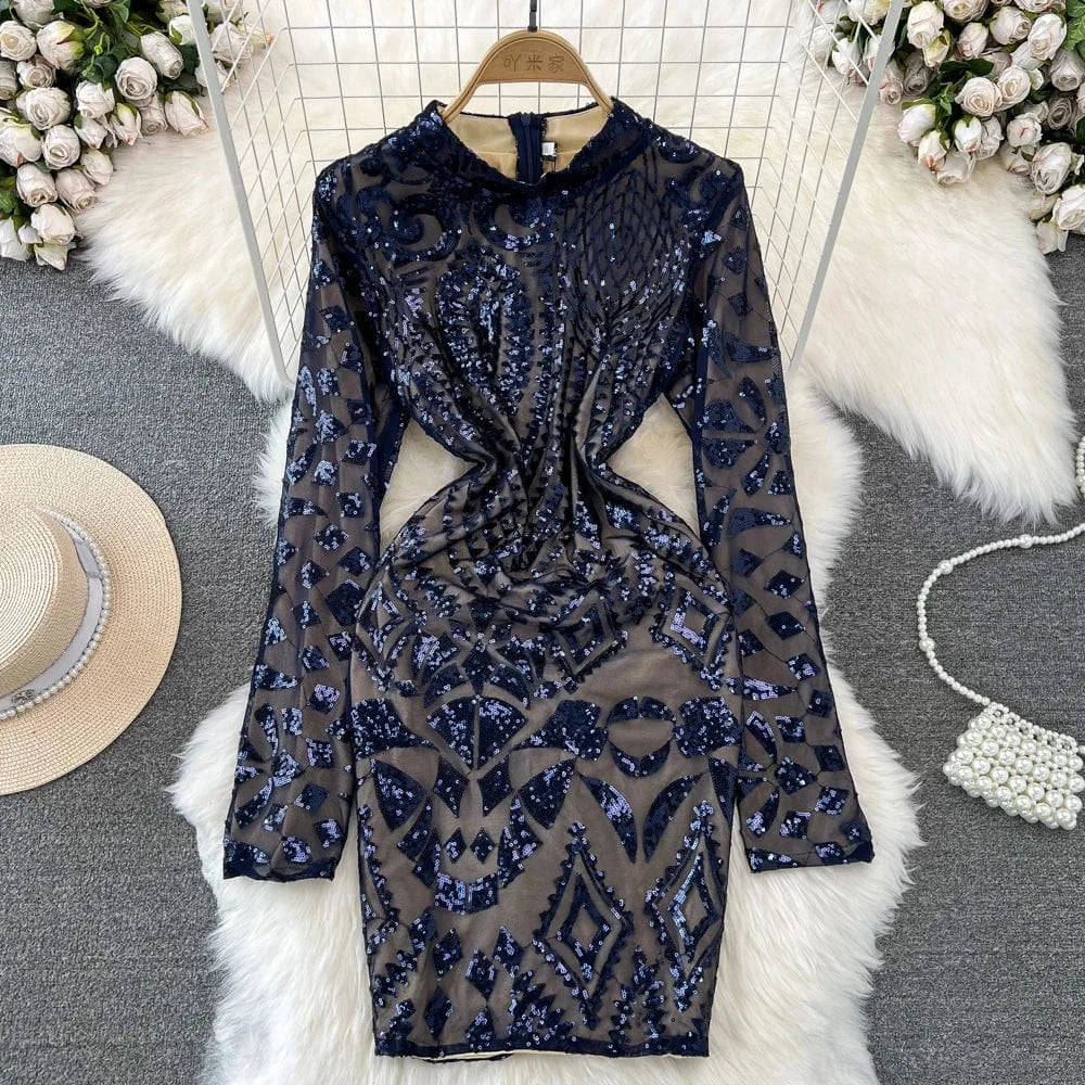 Spring Autumn Fashion Long Sleeve Standing Collar Lace Tight Bodycon Dresses