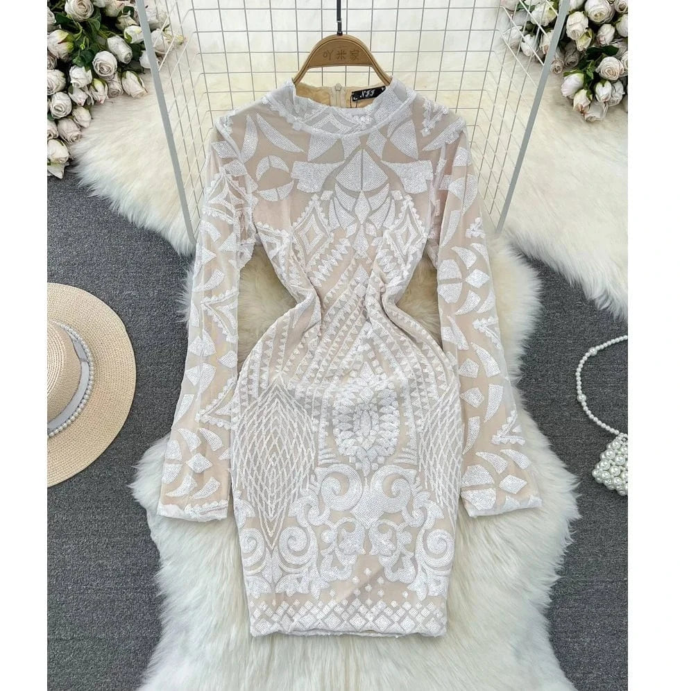 Spring Autumn Fashion Long Sleeve Standing Collar Lace Tight Bodycon Dresses