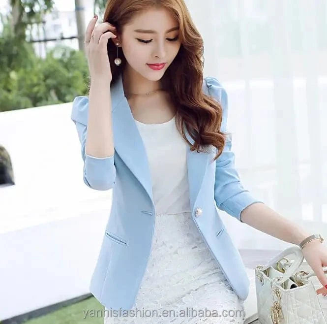 Spring Autumn Korean Stylish Women Long sleeve Slim Blazer Casual large size Pink Blue Black Mujer Office Suits Jackets Coat