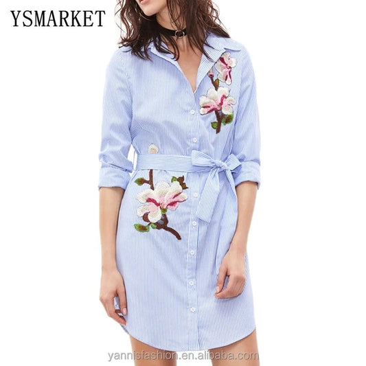 spring autumn long sleeves stripes exquisite floral decals embroidery elegant dress women robe with belt shirt dress E9077