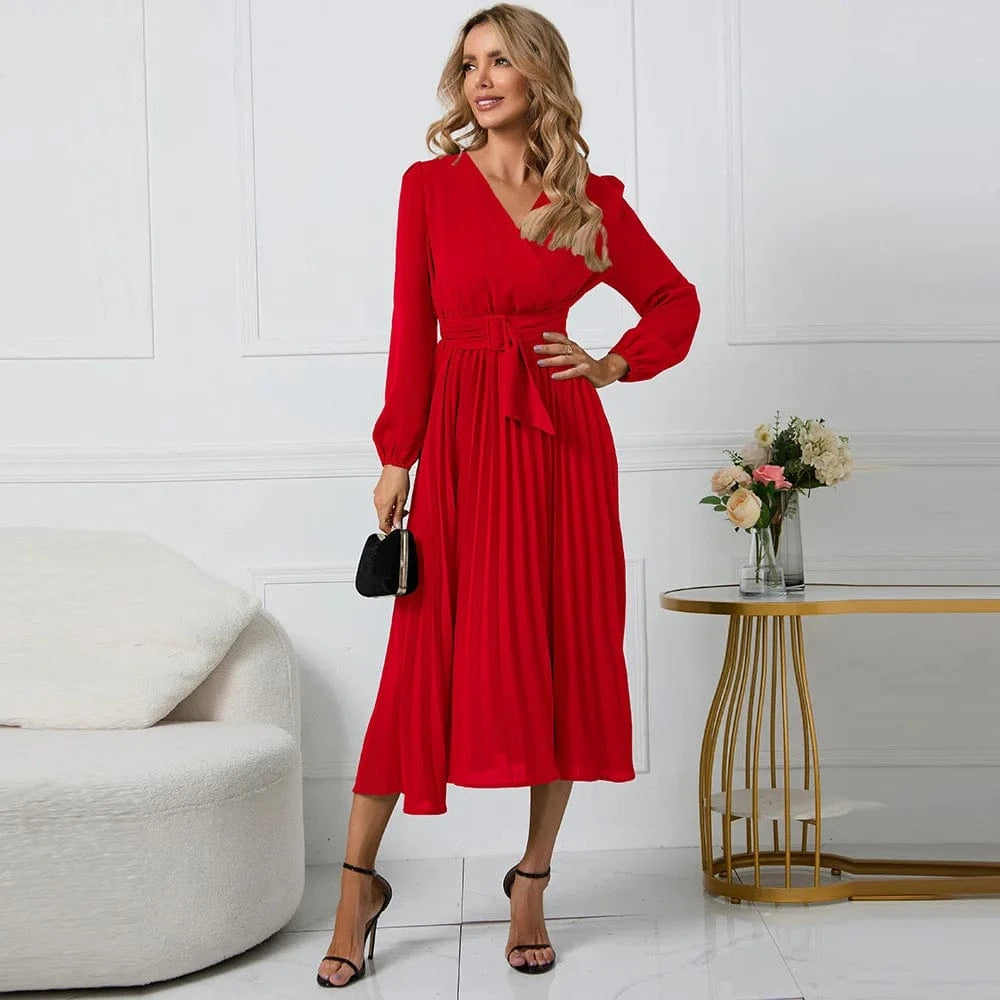 Spring Autumn New Long Sleeve Slim Pleated Belt V-neck Women's A-line Dress Lantern Sleeve Evening Women Elegant Dresses