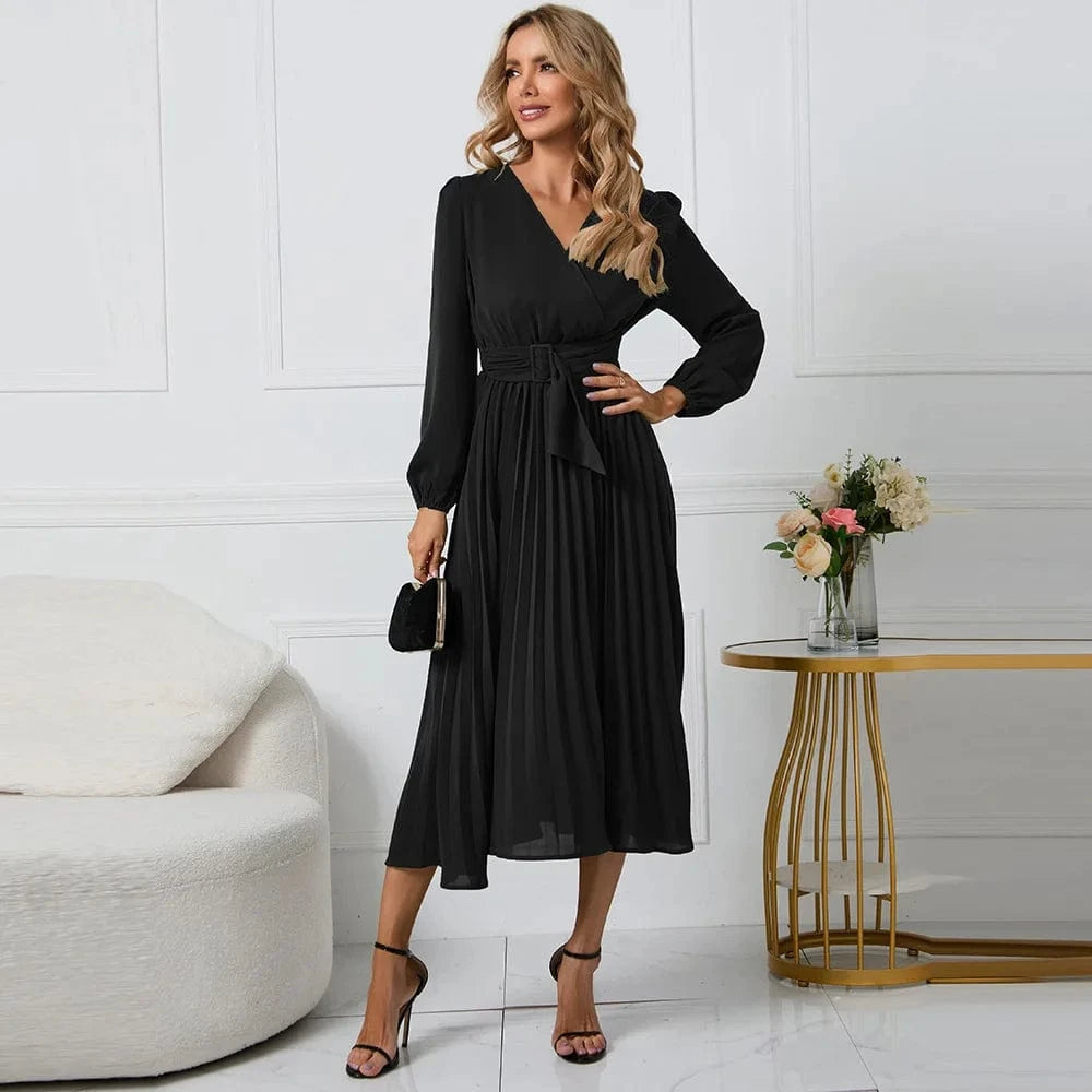 Spring Autumn New Long Sleeve Slim Pleated Belt V-neck Women's A-line Dress Lantern Sleeve Evening Women Elegant Dresses