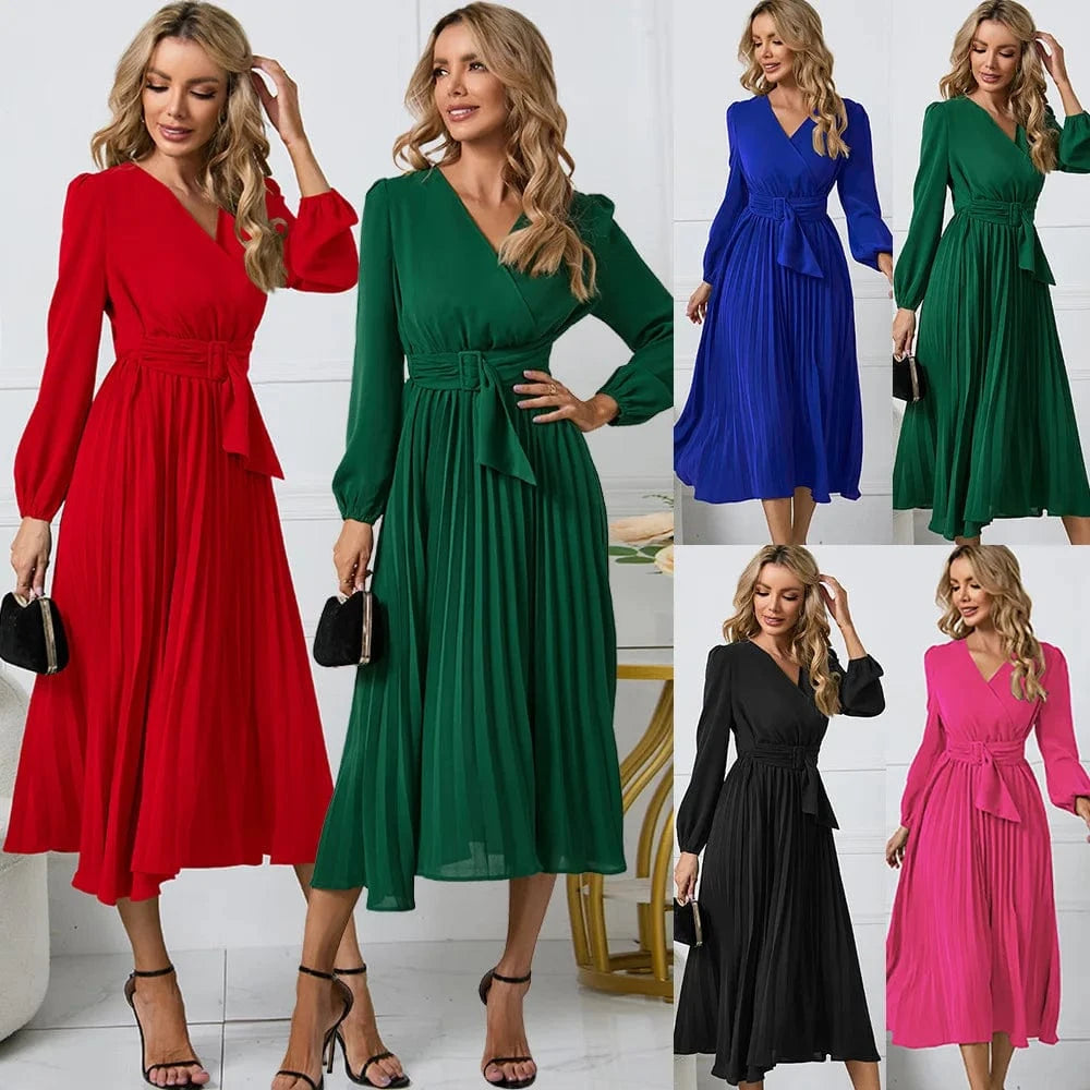 Spring Autumn New Long Sleeve Slim Pleated Belt V-neck Women's A-line Dress Lantern Sleeve Evening Women Elegant Dresses