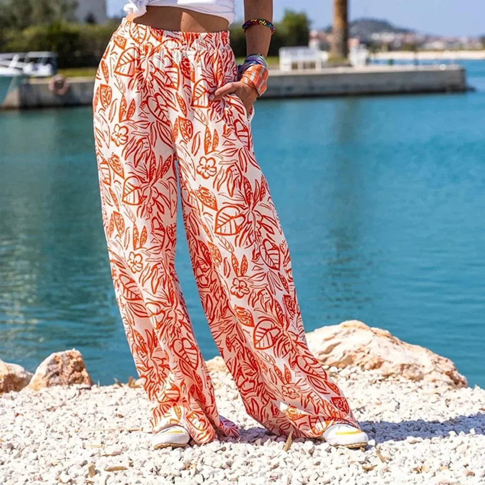 Spring Autumn New Women's Printed Pants Wide Leg Pants Slant Pocket Casual Beach Pants