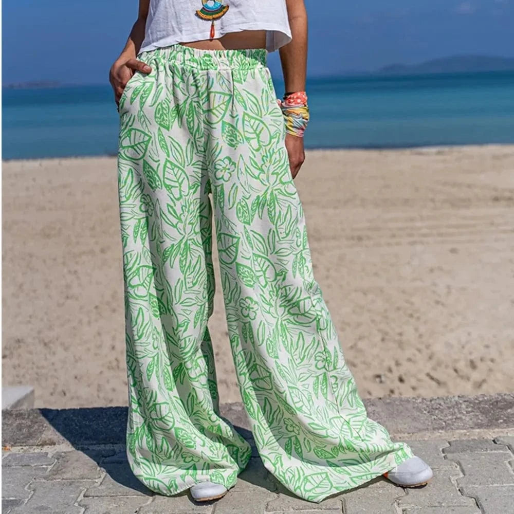 Spring Autumn New Women's Printed Pants Wide Leg Pants Slant Pocket Casual Beach Pants
