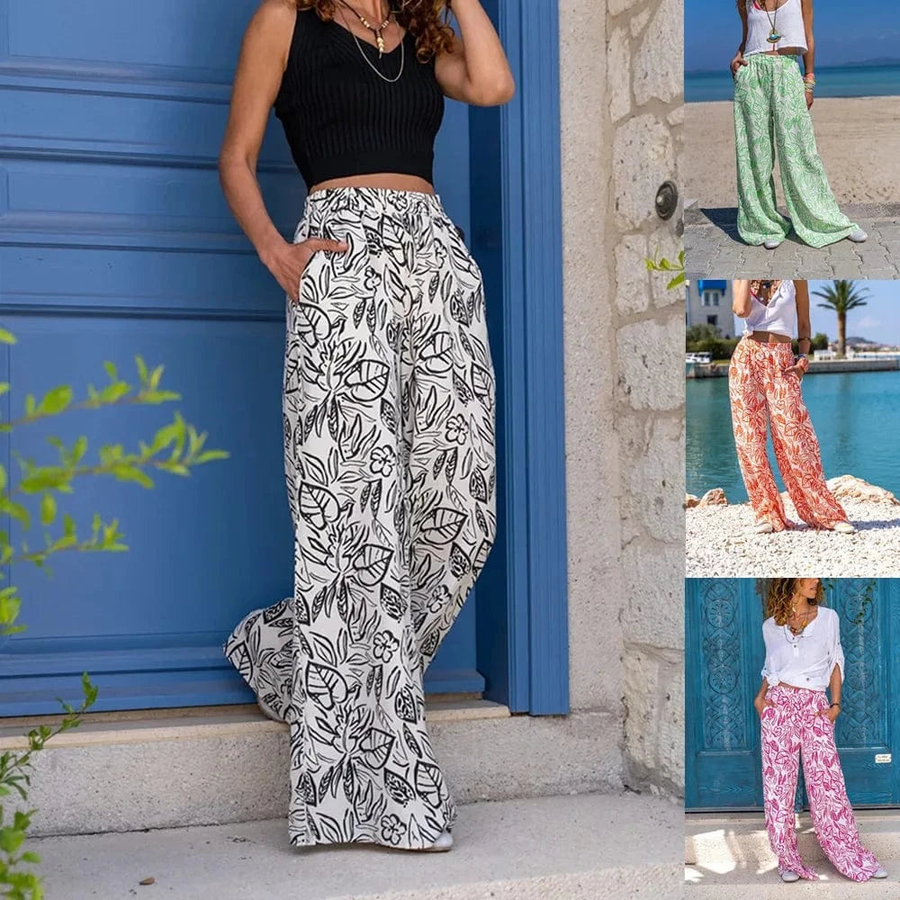Spring Autumn New Women's Printed Pants Wide Leg Pants Slant Pocket Casual Beach Pants