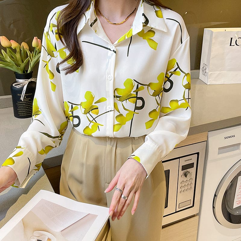 Spring Autumn Simple Print Polo Blouse Tops Women Casual Long Sleeve Streetwear Shirts Ladies Clothes