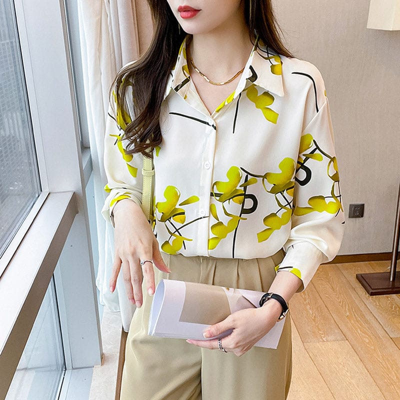 Spring Autumn Simple Print Polo Blouse Tops Women Casual Long Sleeve Streetwear Shirts Ladies Clothes
