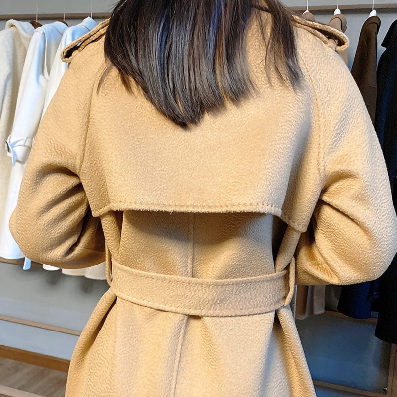 Spring Autumn Winter Women Elegant Double Face Water Ripple Wool Coat Long Cashmere Coat