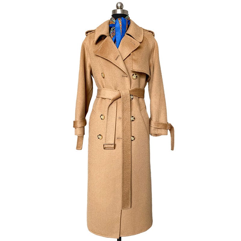 Spring Autumn Winter Women Elegant Double Face Water Ripple Wool Coat Long Cashmere Coat