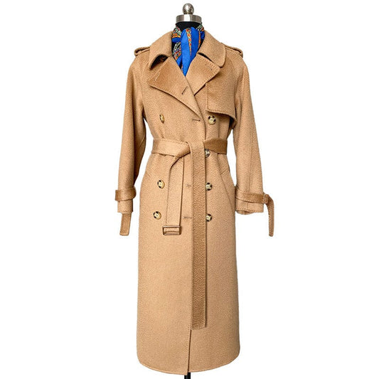 Spring Autumn Winter Women Elegant Double Face Water Ripple Wool Coat Long Cashmere Coat