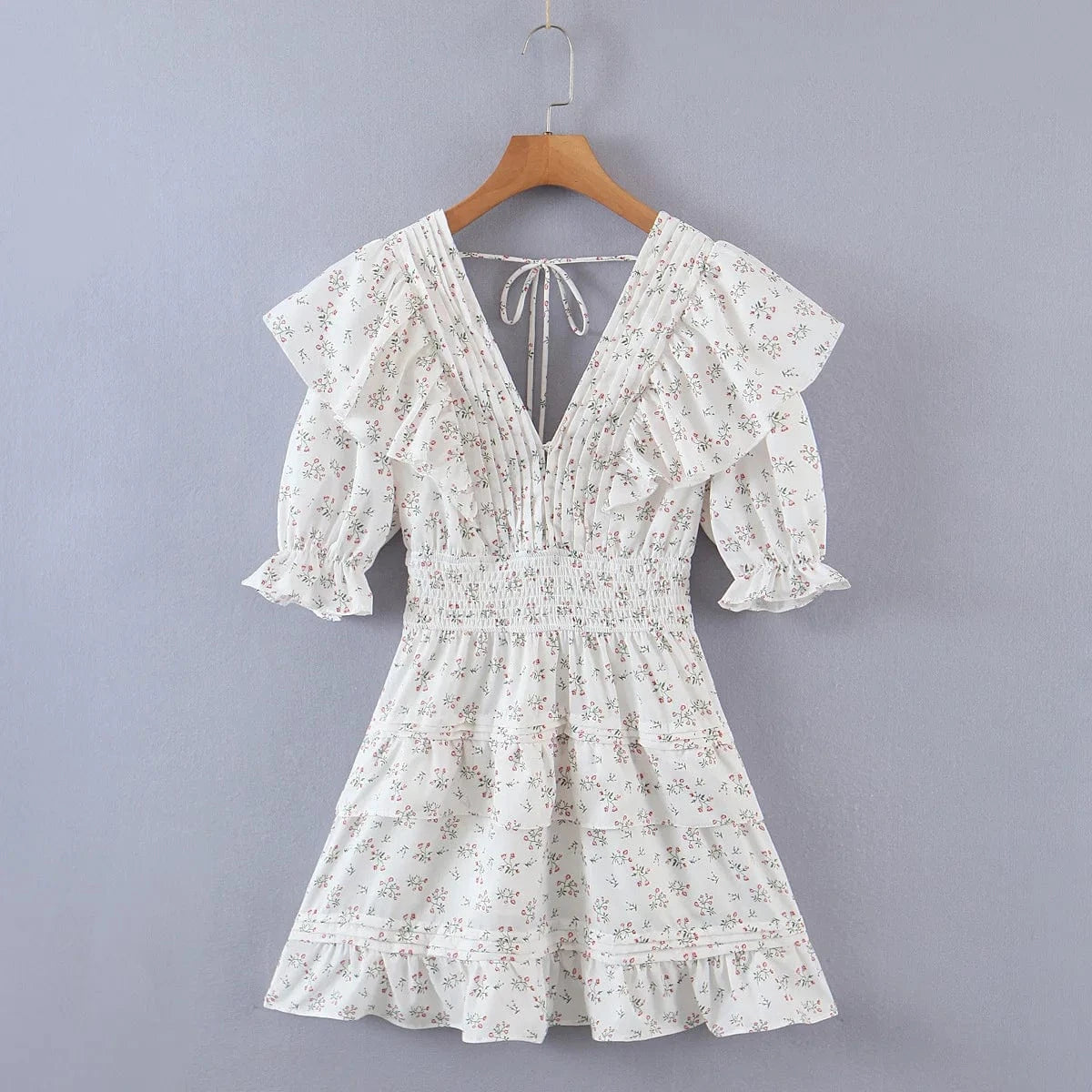 Spring European And American Holiday Style Sexy Dress V-Neck Fold Bubble Sleeve Lace Up Spice Girl Print Floral Dresses