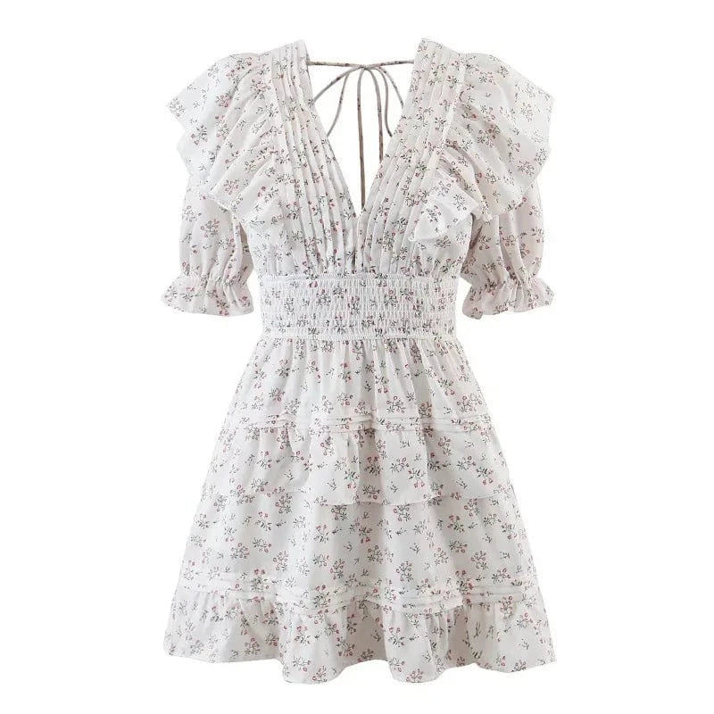 Spring European And American Holiday Style Sexy Dress V-Neck Fold Bubble Sleeve Lace Up Spice Girl Print Floral Dresses