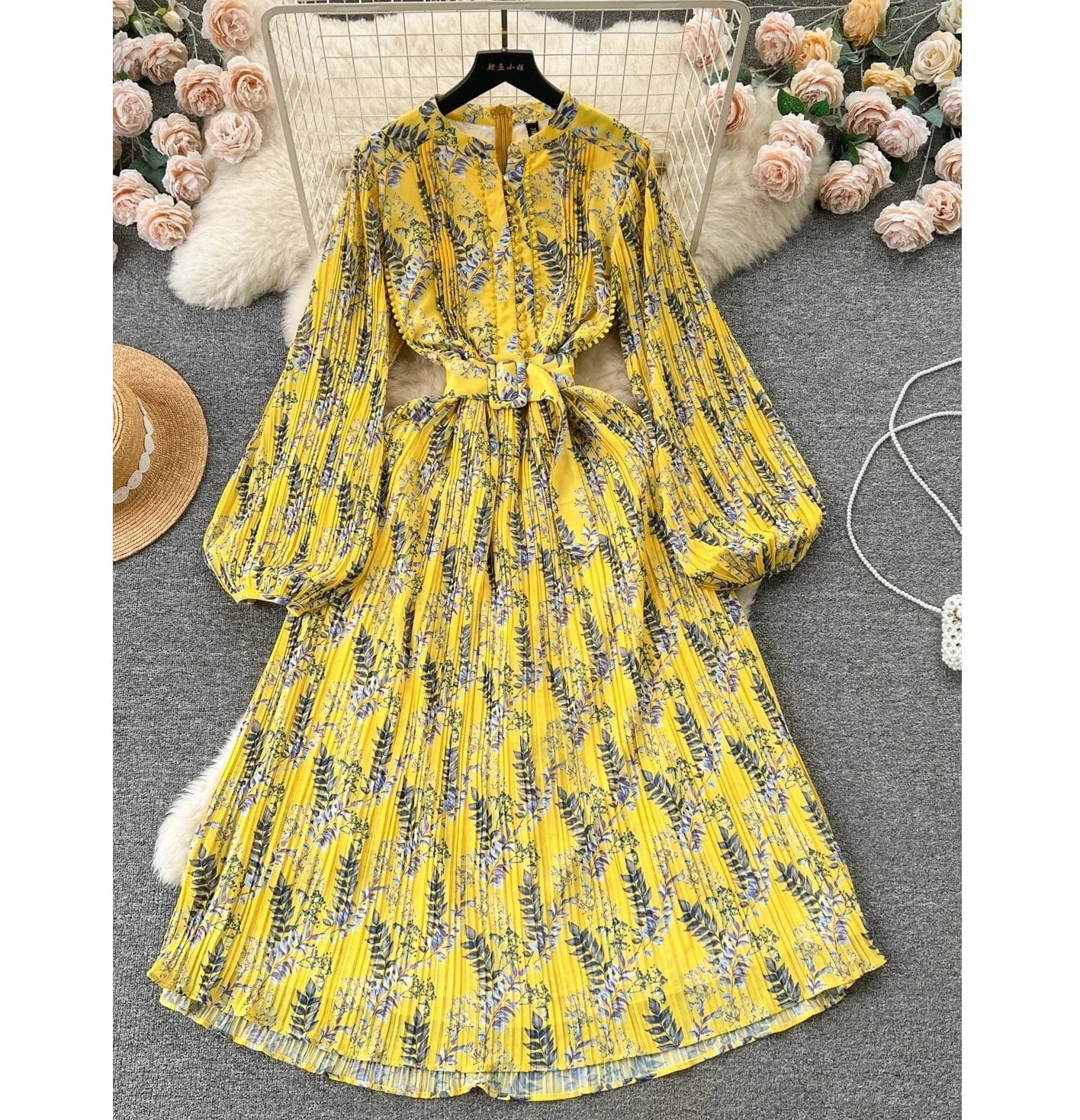 Spring Fairycore O-neck Tunic Midi Dress For Women Lantern Sleeve Empire Floral  Ladies Elegant Dresses