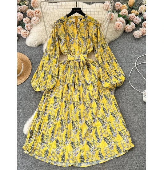 Spring Fairycore O-neck Tunic Midi Dress For Women Lantern Sleeve Empire Floral  Ladies Elegant Dresses