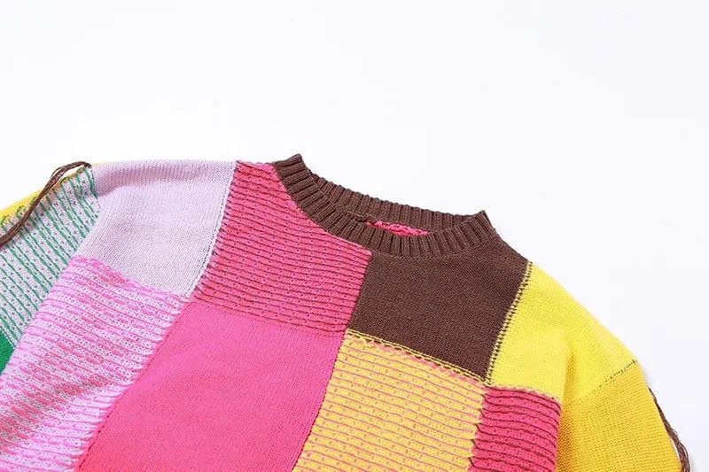 Spring Fall Winter New Trendy Lady Casual Pullover Color Block Knitted Short Cropped Top Women's Sweaters