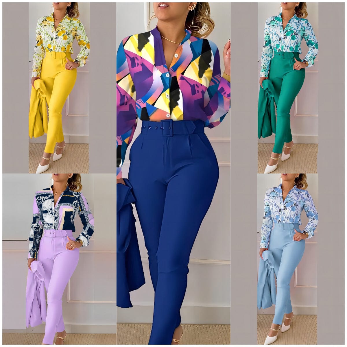 spring fall women's clothing women casual Temperament commuter long sleeve print shirt pants two piece ladies sets
