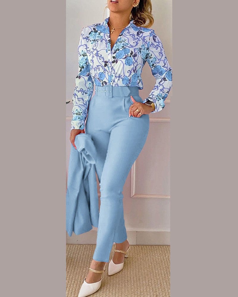 spring fall women's clothing women casual Temperament commuter long sleeve print shirt pants two piece ladies sets