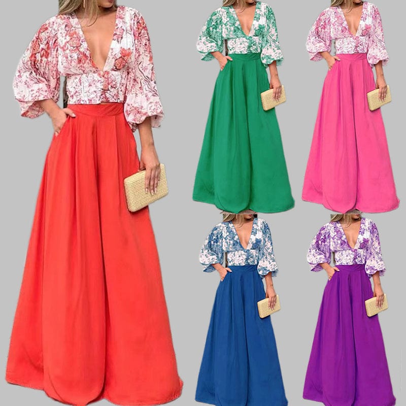 spring fall womens clothes women casual Temperament commuter long sleeve loose print crop top wide leg pants two piece lady sets