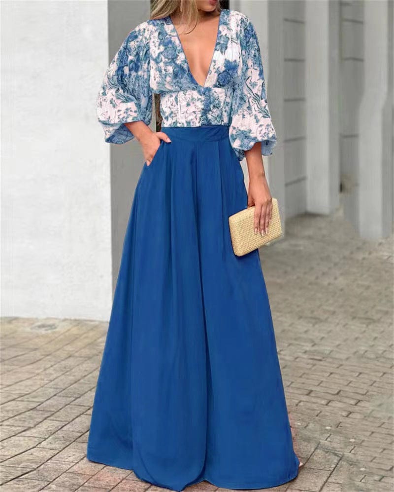 spring fall womens clothes women casual Temperament commuter long sleeve loose print crop top wide leg pants two piece lady sets