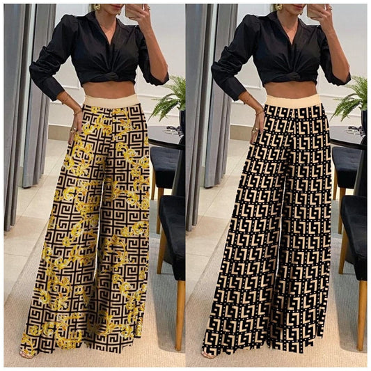 spring fall womens clothes women casual Temperament commuter long sleeve loose print shirt top wide leg pants two piece lady set