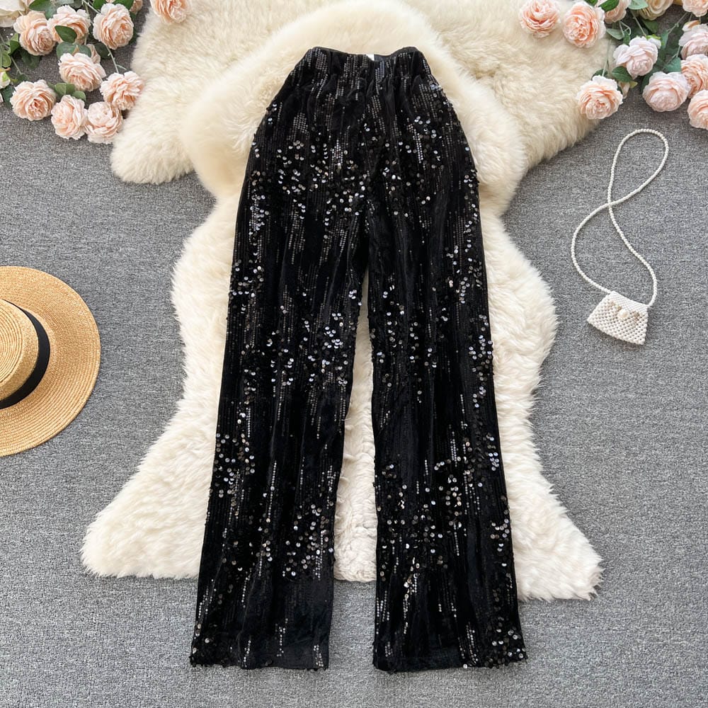 Spring Fashion Elastic Waist Sequin Pant Trousers Women Casual Wide Leg Pants Ladies