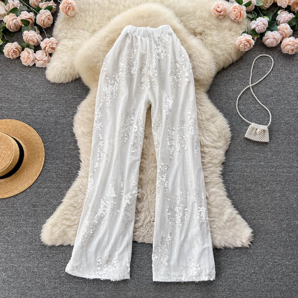 Spring Fashion Elastic Waist Sequin Pant Trousers Women Casual Wide Leg Pants Ladies