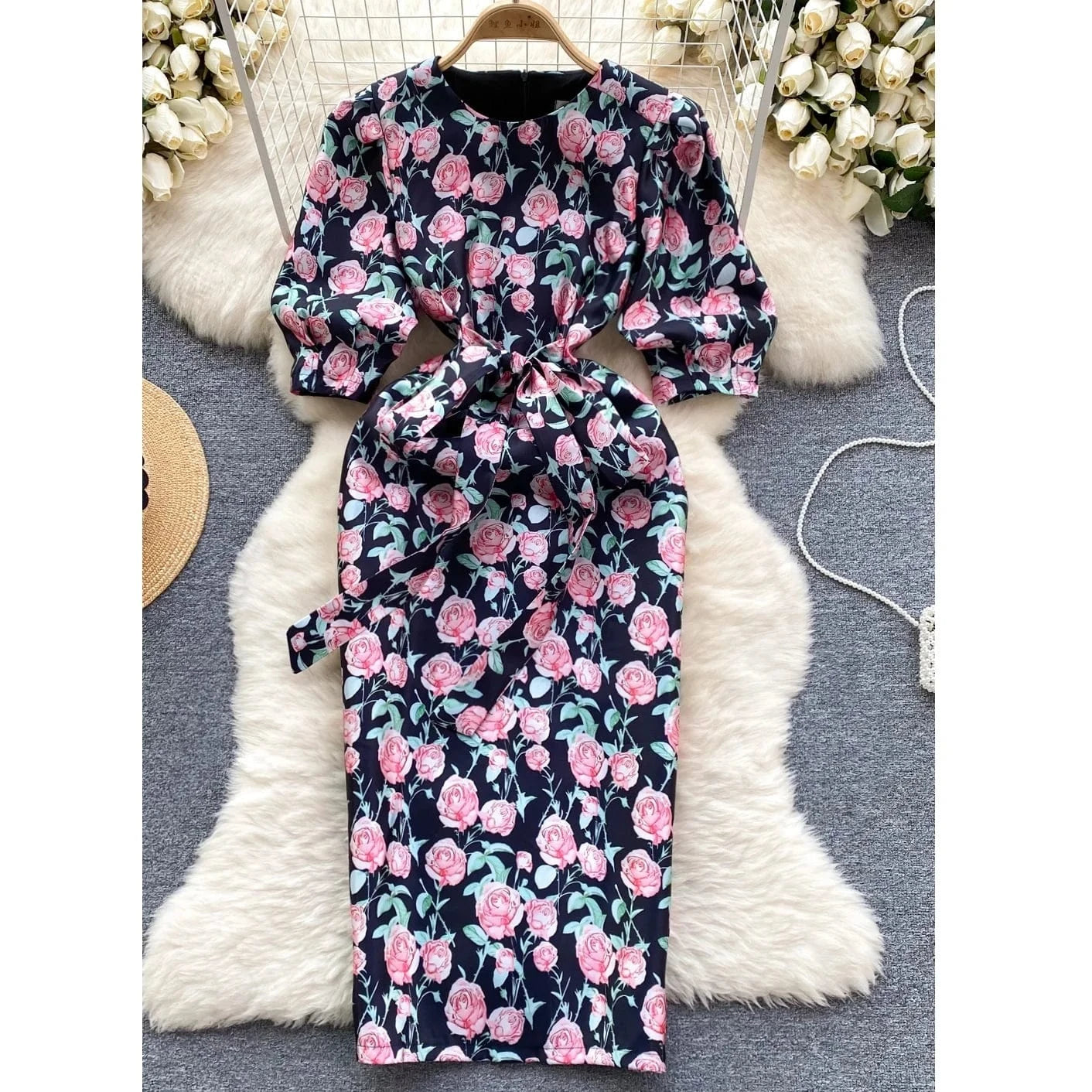Spring Korean Version Fashion Elegant High Grade Goddess Style Loose Flower Print Dresses 2024