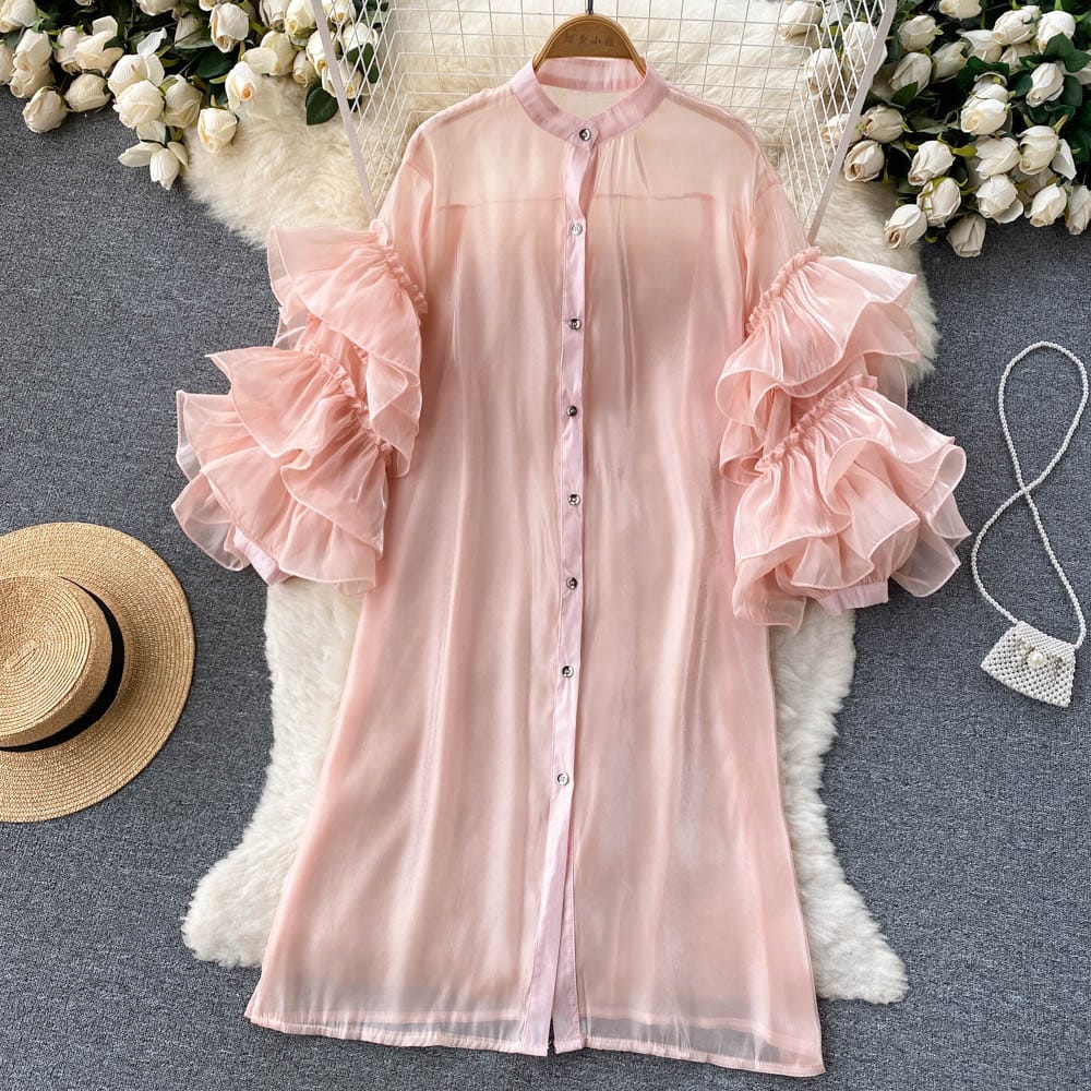 Spring New European And American French Lotus Leaf Sleeve Loose Shirt Casual Dress