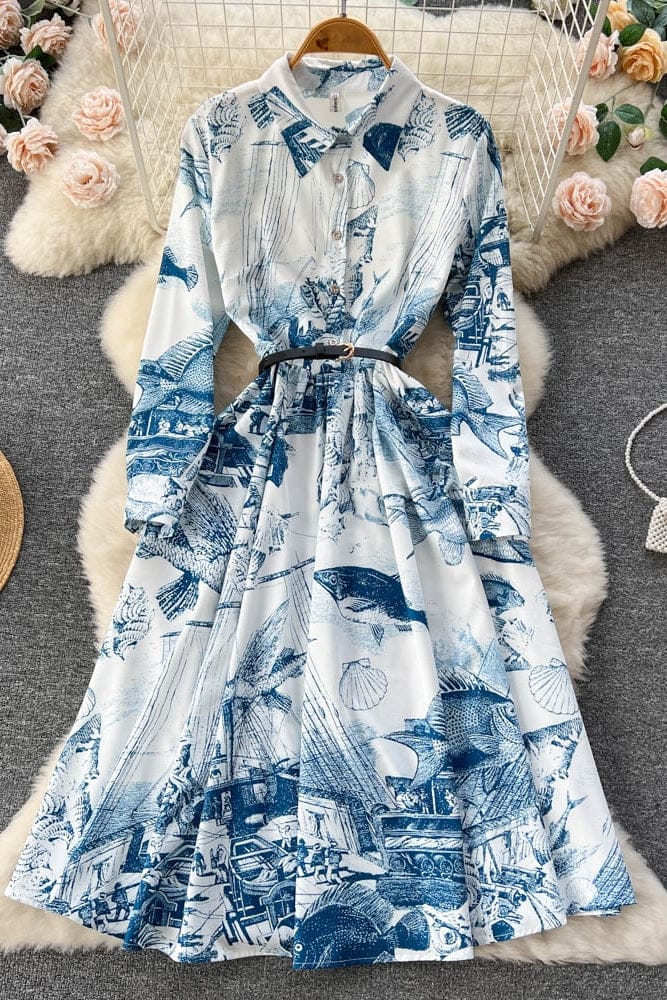 Spring new national style printed retro print medium length A-line large hem slim dress women's lapel pleated skirt