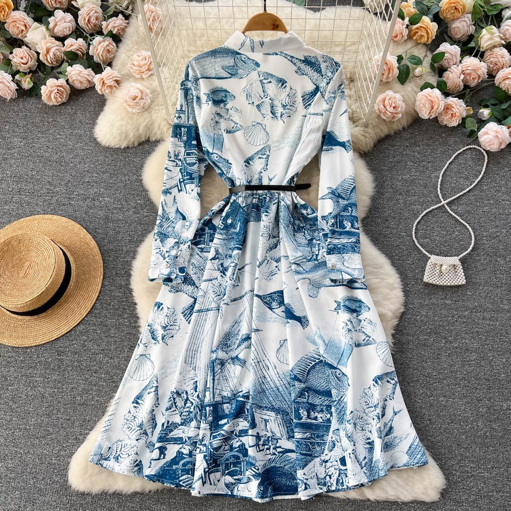 Spring new national style printed retro print medium length A-line large hem slim dress women's lapel pleated skirt