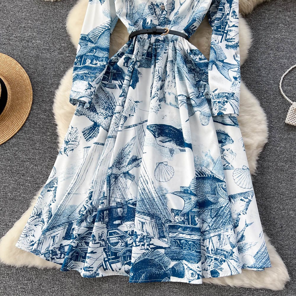 Spring new national style printed retro print medium length A-line large hem slim dress women's lapel pleated skirt