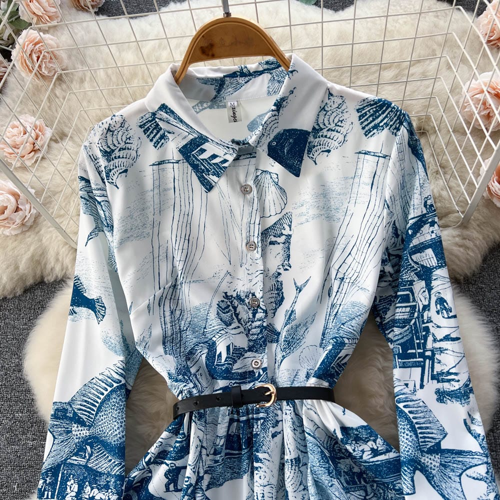 Spring new national style printed retro print medium length A-line large hem slim dress women's lapel pleated skirt