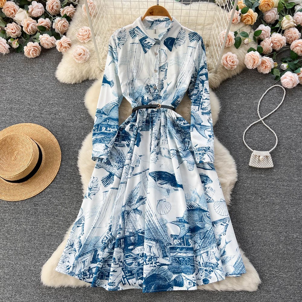 Spring new national style printed retro print medium length A-line large hem slim dress women's lapel pleated skirt