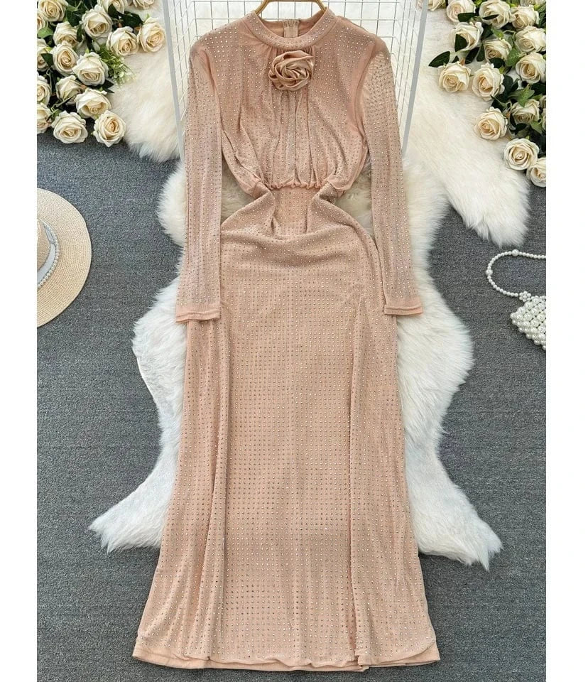 Spring New O-neck Dress Women's Long Sleeve Sequin Fashion Party Dress