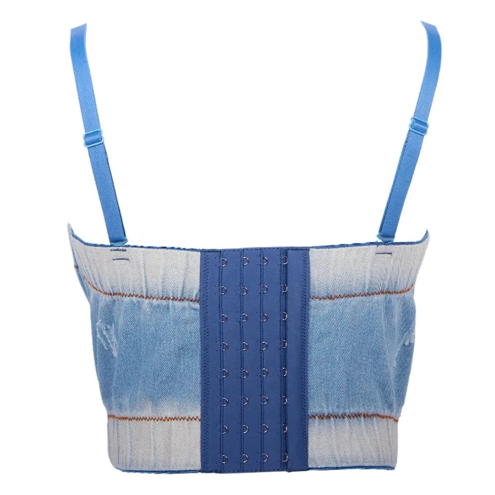 Spring New Washing Gradient denim blue Camisole corset tops for women Casual denim tank top
