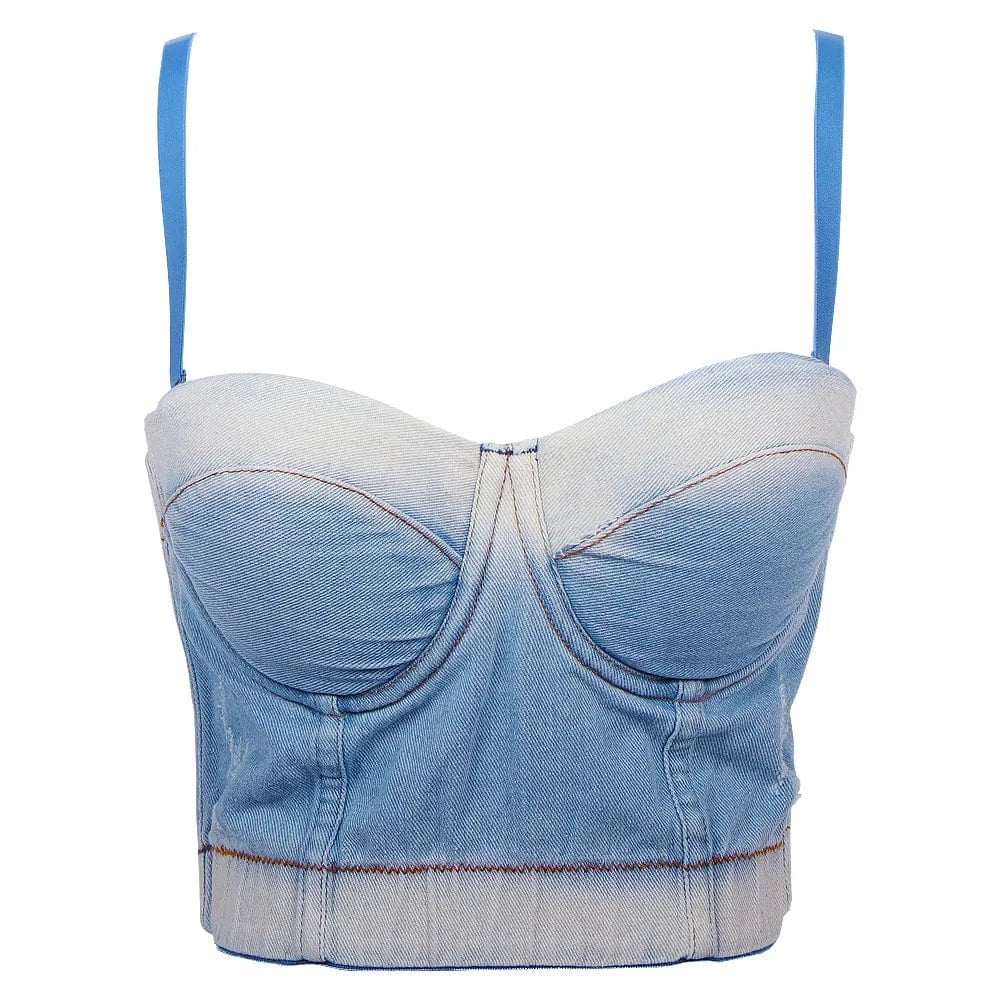 Spring New Washing Gradient denim blue Camisole corset tops for women Casual denim tank top