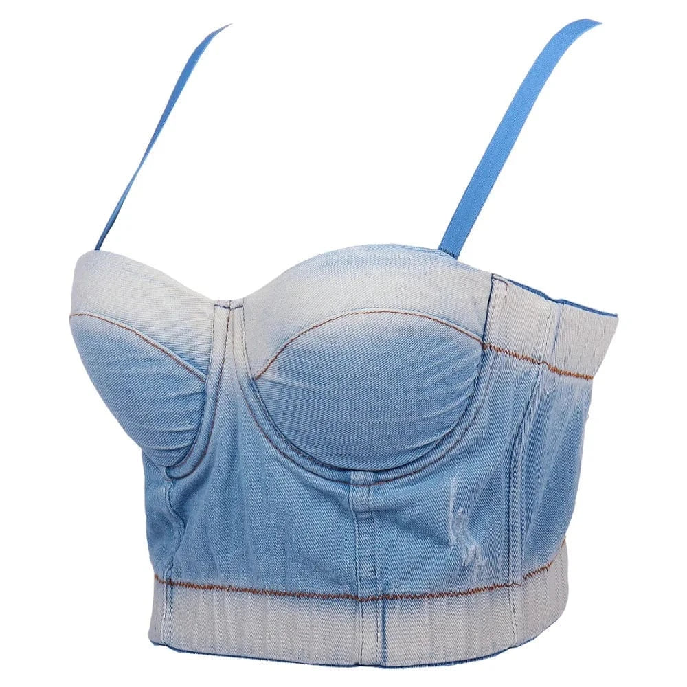 Spring New Washing Gradient denim blue Camisole corset tops for women Casual denim tank top