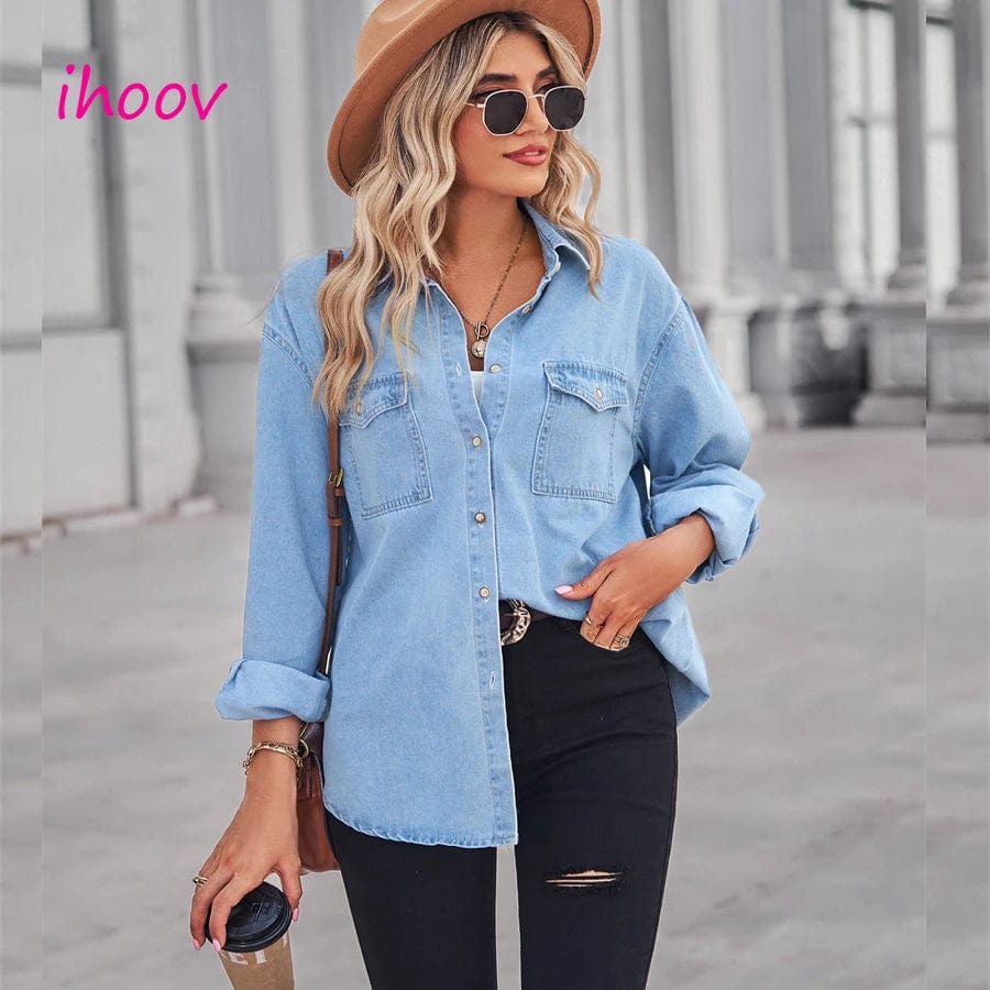spring single breasted patchwork loose blouse top womens Denim Shirts Chambray Jeans Shirts
