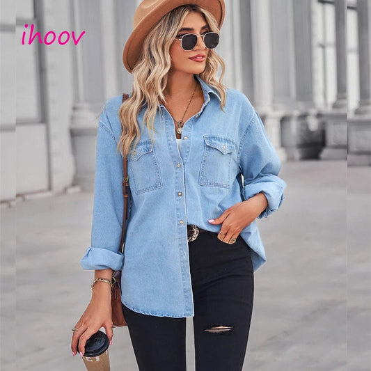 spring single breasted patchwork loose blouse top womens Denim Shirts Chambray Jeans Shirts