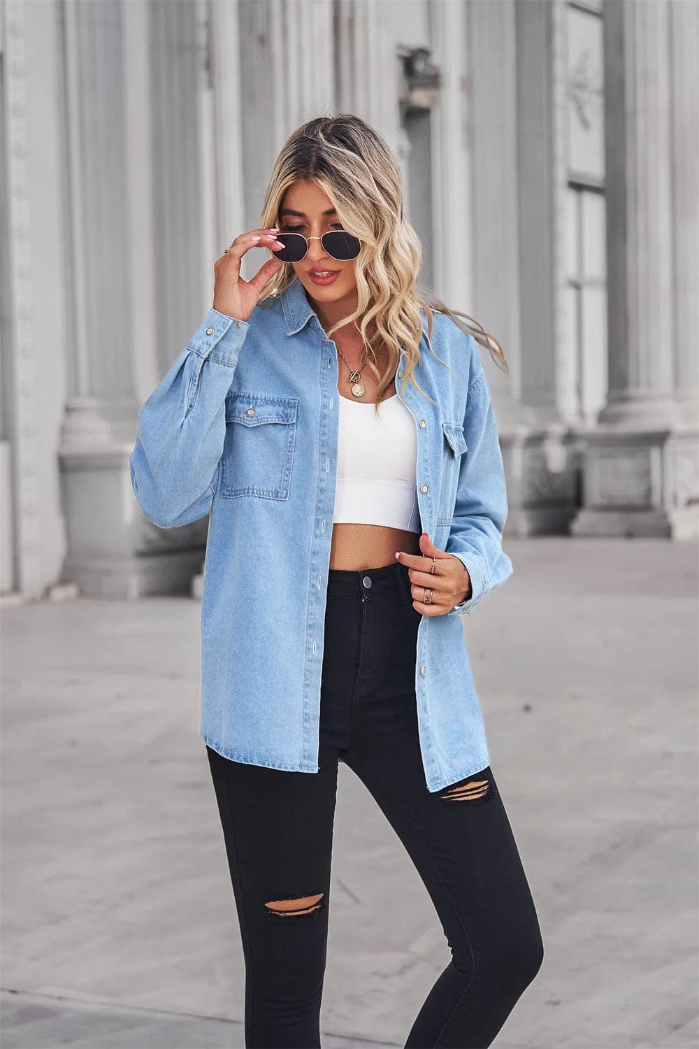 spring single breasted patchwork loose blouse top womens Denim Shirts Chambray Jeans Shirts