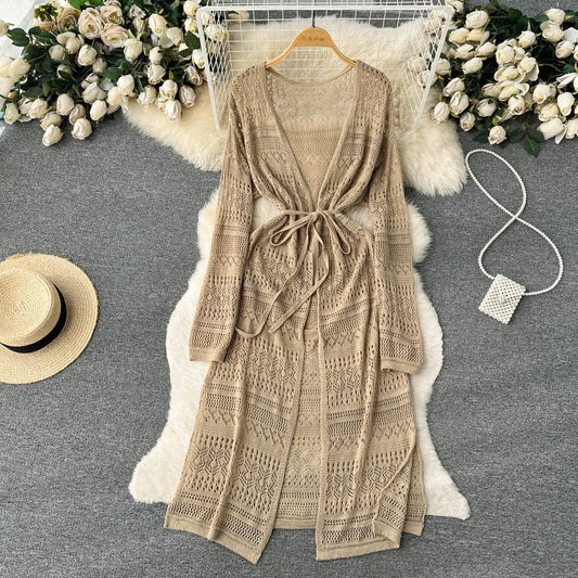 Spring Summer And Summer Casual Cardigan Women's Dress Hollowed Out Holiday Style Slit Dress